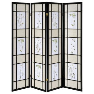 Catabella - 4-Panel Room Divider Folding Shoji Screen Floral - Black