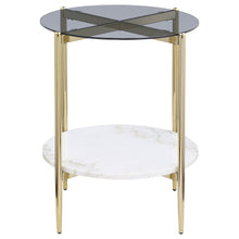 Jonelle - Round Glass Top End Table White Marble Shelf Gold - Smoke