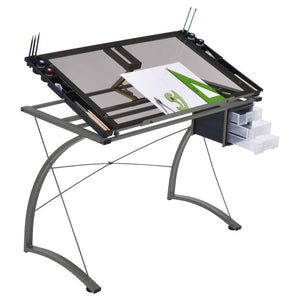 Melo - Glass Top Drafting Table With Storage - Silver